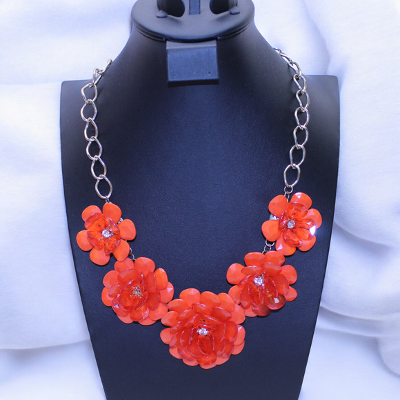 Chunky Flower Necklace Statement Red Orange Graduated - Picture 1 of 10